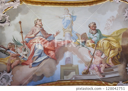 Saint James the Elder and Saint Judas Thaddeus, fresco by Matthaus Gunther in Benedictine monastery church in Amorbach, Germany 128042751