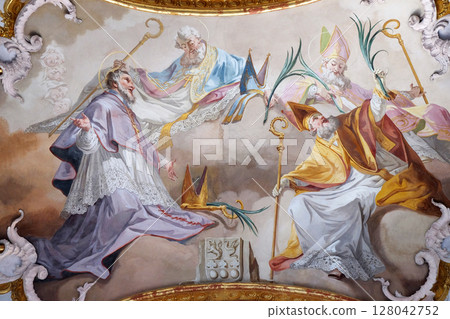 Amorbach abbots and bishops of Verden and Martyrs: Saint Tanco, Kortyla, Haruchus and Erlulphus fresco by Matthaus Gunther in Benedictine monastery church in Amorbach, Germany Amorbach abbots and bishops of Verden and Martyrs: Saint Tanco, Kortyla, Haruchus and Erlulphus fresco by Matthaus Gunther in Benedictine monastery church in Amorbach, Germany 128042752