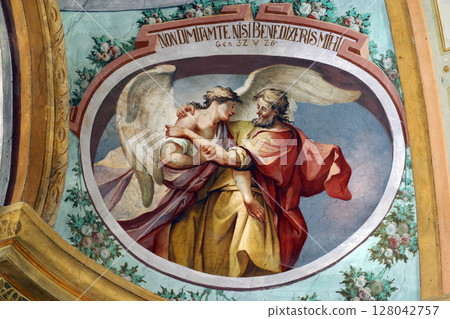 Jacob Wrestling with the Angel, fresco on the ceiling of the Saint John the Baptist church in Zagreb, Croatia 128042757