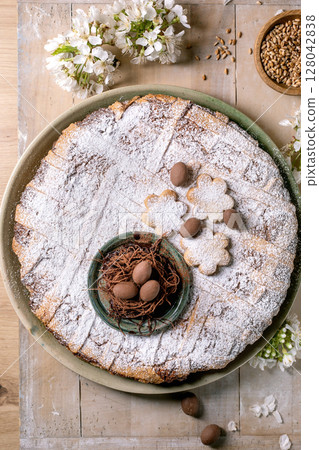 Easter Cake Pastiera Napolitano with Powdered Sugar Decoration 128042838