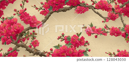 Elegant Japanese Floral Vector Background with Vibrant Pink Blossoms 128043030
