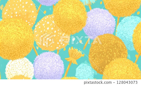 Vibrant Cartoon Pattern Featuring Dandelions on Turquoise Background 128043073