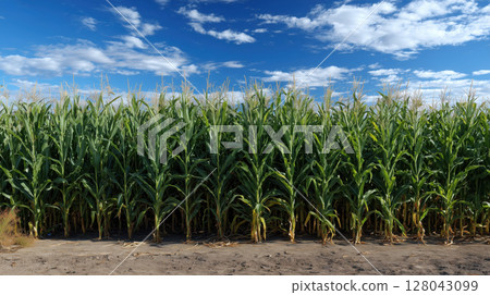 Vibrant cornfield under bright blue sky with scattered clouds, showcasing tall green corn plants 128043099