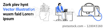 Abstract head with flowers inside, person working at desk on laptop, and briefcase. Ideal for work-life balance, creativity, productivity, professional themes, mental health, business, education Abstract head with flowers inside, person working at desk on laptop, and briefcase. Ideal for work-life balance, creativity, productivity, professional themes, mental health, business, education 128043160