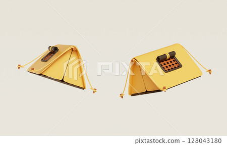 Cartoon Style Yellow Camping Tent. 3D Rendering. Cartoon Style Yellow Camping Tent. 3D Rendering. 128043180