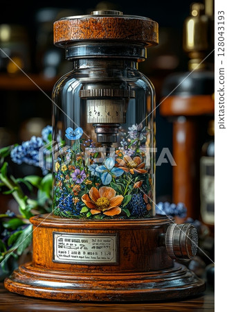 Micrometer with Tiny Flower Collection in Elegant Glass Jar and Wood Base 128043193