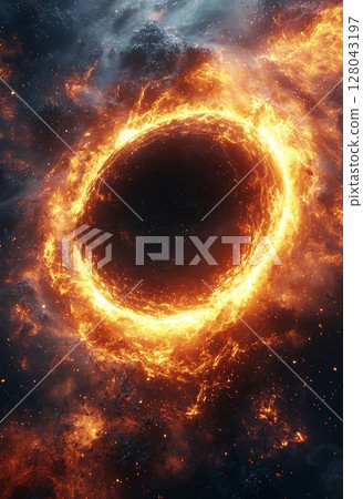 Dramatic Outer Space View Featuring a Black Hole Surrounded by Fiery Gas and Light Dramatic Outer Space View Featuring a Black Hole Surrounded by Fiery Gas and Light 128043197
