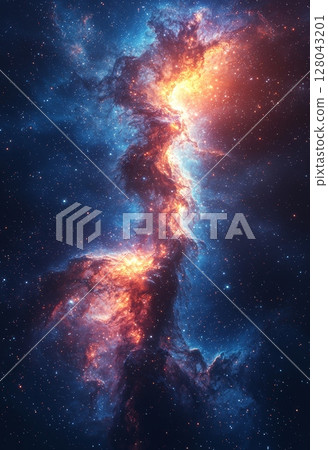 Iridescent Blue Space Scene with Dreamy Clouds and Cosmic Peaceful Atmosphere 128043201