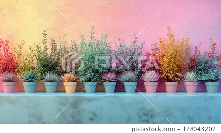 Peaceful Pastel Shelf of Thriving Indoor Plants in Soft Colors for Home Decor 128043202