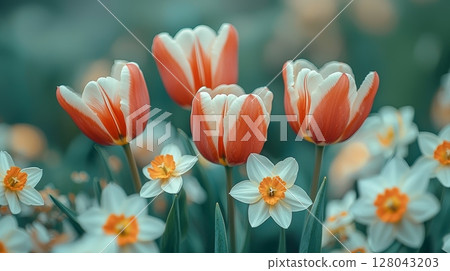 Elegant Spring Centerpiece with Peaceful Tulips and Delicate Flowers in Bloom 128043203