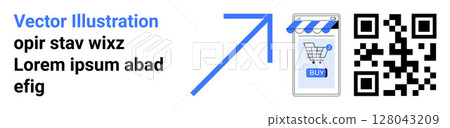 QR code next to a mobile storefront with a shopping cart icon and prominent blue arrow. Ideal for e-commerce, mobile shopping, digital marketing, QR code usage, online stores, retail promotions 128043209