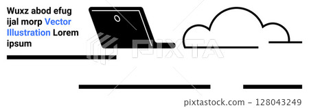 Black laptop and cloud icon with abstract lines and placeholder text in black and blue. Ideal for tech websites, cloud services, education, online courses, digital products, software, and marketing 128043249