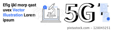 Microscope on a laptop screen, information icon, large 5G, and a document with a blue checkmark. Ideal for technology, innovation, research, education, communication, digital transformation Microscope on a laptop screen, information icon, large 5G, and a document with a blue checkmark. Ideal for technology, innovation, research, education, communication, digital transformation 128043251