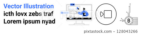 Desktop monitor displaying data analytics, a blockchain circuit, and a video play icon. Ideal for technology, finance, education, marketing, business presentations, software development, and data Desktop monitor displaying data analytics, a blockchain circuit, and a video play icon. Ideal for technology, finance, education, marketing, business presentations, software development, and data 128043266