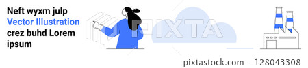 Woman in blue pointing at stylized factory with smokestack and cloud background. Ideal for industrial themes, environmental discussions, technological advances, engineering concepts, sustainability 128043308