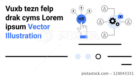 HR button with hand, gears, and user icons connected by lines. Ideal for HR, team management, networking, connectivity, organizational structure, business strategy, modern tech. Landing page 128043331