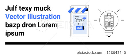 Smartphone with shopping cart and BUY button next to light bulb with gears. Ideal for e-commerce, technology, innovation, online retail, startups, mobile apps, tech solutions. Landing page Smartphone with shopping cart and BUY button next to light bulb with gears. Ideal for e-commerce, technology, innovation, online retail, startups, mobile apps, tech solutions. Landing page 128043340