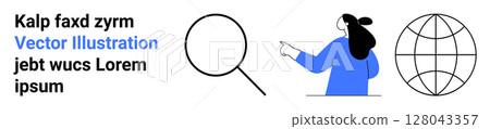 Business content with woman pointing, magnifying glass, globe outline, and placeholder text. Ideal for websites, marketing materials, educational content, global business themes, search functions 128043357