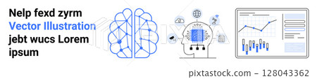 Neural network, human brain with microchip, and data analysis graphics. Ideal for AI, neural networks, machine learning, data science, cognitive computing, technology development, educational Neural network, human brain with microchip, and data analysis graphics. Ideal for AI, neural networks, machine learning, data science, cognitive computing, technology development, educational 128043362