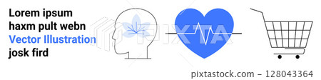 Abstract brain with leaf, blue heart with EKG line, and wireframe shopping cart. Ideal for mental health, healthcare, wellness, e-commerce, medical advice, holistic living, retail health. Banner 128043364