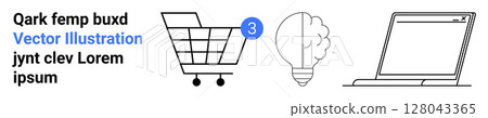 Shopping cart with notification, light bulb, and open laptop. Ideal for e-commerce, innovation, technology, education, creativity, digital marketing, and learning themes. Landing page 128043365