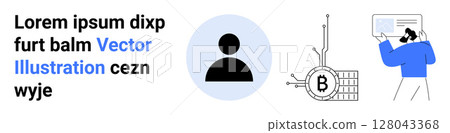 User profile icon, cryptocurrency symbol on a circuit, and person interacting with a tablet. Ideal for user accounts, fintech, digital currency, technology, online education, mobile apps, business User profile icon, cryptocurrency symbol on a circuit, and person interacting with a tablet. Ideal for user accounts, fintech, digital currency, technology, online education, mobile apps, business 128043368