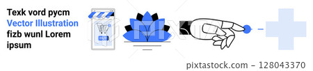 Three modern graphics with shopping cart, flower, pointing hand, and plus sign in blue and black. Ideal for e-commerce, nature-themed projects, user interaction guides, health topics, digital apps Three modern graphics with shopping cart, flower, pointing hand, and plus sign in blue and black. Ideal for e-commerce, nature-themed projects, user interaction guides, health topics, digital apps 128043370