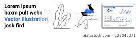 Female character seated with laptop, analyzing data on screen, abstract plant beside, analytics, digital tools, professional environment. Ideal for data analysis, tech, digital marketing, education Female character seated with laptop, analyzing data on screen, abstract plant beside, analytics, digital tools, professional environment. Ideal for data analysis, tech, digital marketing, education 128043371