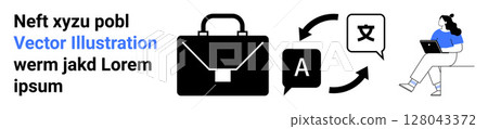 Briefcase, language icons, and person using laptop emphasize language services, translation, global business solutions, remote work, technology, professional services, and communication. Ideal Briefcase, language icons, and person using laptop emphasize language services, translation, global business solutions, remote work, technology, professional services, and communication. Ideal 128043372