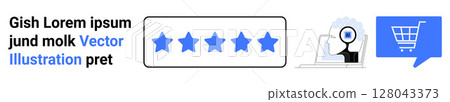 Star rating with five blue stars, person using a computer with magnifying glass, shopping cart in blue speech bubble. Ideal for e-commerce, online reviews, customer feedback, shopping experience Star rating with five blue stars, person using a computer with magnifying glass, shopping cart in blue speech bubble. Ideal for e-commerce, online reviews, customer feedback, shopping experience 128043373