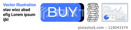 Blue BUY button, stacked coins, and data analytics charts. Ideal for e-commerce, online shopping, financial transactions, investment, market analysis, digital marketing, web development. Landing page Blue BUY button, stacked coins, and data analytics charts. Ideal for e-commerce, online shopping, financial transactions, investment, market analysis, digital marketing, web development. Landing page 128043374