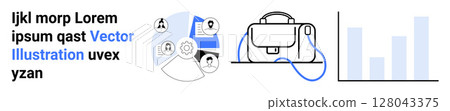 Business network graph, briefcase, bar chart. Ideal for corporate presentations, team-building, business strategies, communication, networking, analytics education Landing page 128043375