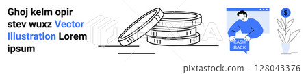 Stack of coins, person holding Cash Back sign on laptop screen, dollar symbol with plant. Ideal for finance, banking, investments, savings, cashback promotions, economic growth, digital transactions Stack of coins, person holding Cash Back sign on laptop screen, dollar symbol with plant. Ideal for finance, banking, investments, savings, cashback promotions, economic growth, digital transactions 128043376
