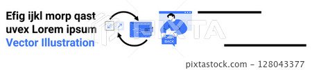 Digital content approval flow with document, checklist, user, and arrow icons. Ideal for workflow automation, project management, SEO guides, web design, app development, educational tools, landing 128043377