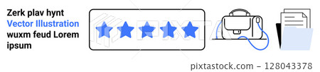 Five blue stars for review, briefcase with headphones, and documents. Ideal for business, education, digital content, marketing, presentations, user interface, professional portfolios. Landing page 128043378