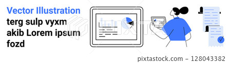 Woman analyzing data on tablet, bar chart, pie chart on monitor, document with seal. Ideal for reports, analytics, presentations, infographics, web design, education, office themes. Landing page 128043382