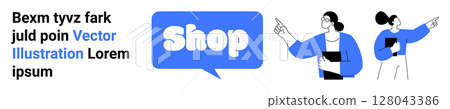 Male and female figures pointing towards a speech bubble with the word Shop. Ideal for online shopping, e-commerce, digital marketing, web design, retail promotion. Banner for landing page 128043386