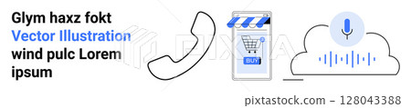Smartphone with shopping cart, phone receiver, microphone in cloud with sound waves. Ideal for ecommerce, support systems, tech guides, online shopping, customer service, cloud services. Landing page 128043388
