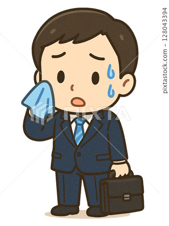 A businessman in a suit wiping sweat with one hand and holding a bag in the other 128043394