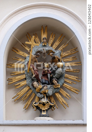 Coronation of the Virgin Mary, house facade in Graz, Styria, Austria Coronation of the Virgin Mary, house facade in Graz, Styria, Austria 128043402