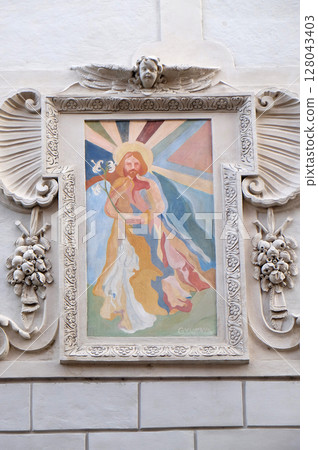 Saint Joseph fresco painting on the house facade in Graz, Styria, Austria 128043403