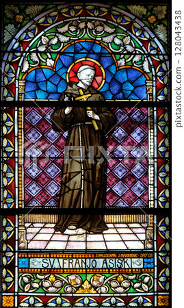 Saint Francis of Assisi stained glass window in the church of Saint Catherine of Alexandria in Krapina, Croatia 128043438