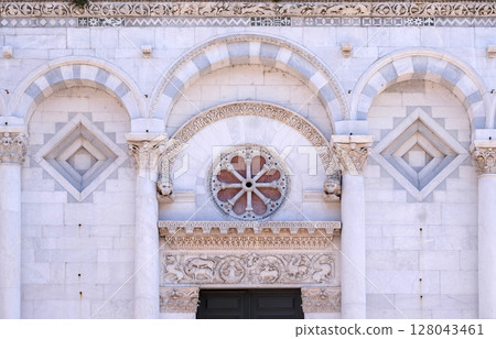 Portal of San Michele in Foro Church in Lucca, Italy Portal of San Michele in Foro Church in Lucca, Italy 128043461