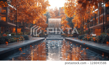 Serene Modern City Plaza with Sleek Fountains and Autumn Colors 128043586