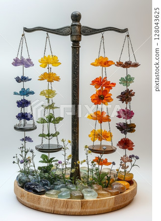 Balanced Beauty: Vibrant Flowers on a Delicate Scale Representing Peace and Harmony 128043625