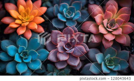 Colorful Succulent Plants in Soft Focus Suggesting Peaceful Garden Atmosphere 128043643