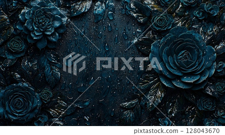 Glistening Raindrops on Fresh Greenery Surrounded by Beautiful Dark Flowers 128043670