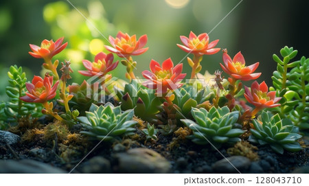 Whimsical Garden Scene with Vibrant Succulents Against a Soft Focus Background 128043710