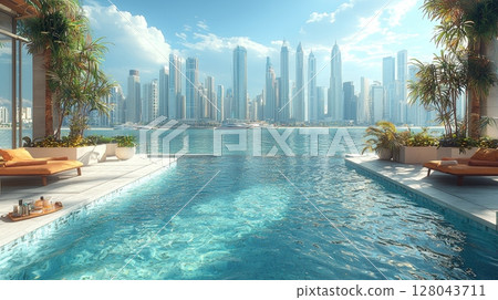 Luxurious Urban Rooftop Pool Surrounded by Skyscrapers in a Chic Cityscape 128043711