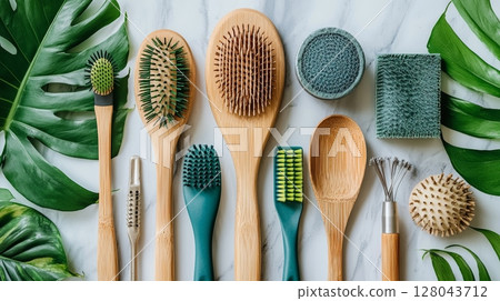 Peaceful Modern Arrangement of Bamboo Brushes and Plants in Vibrant Green Colors 128043712
